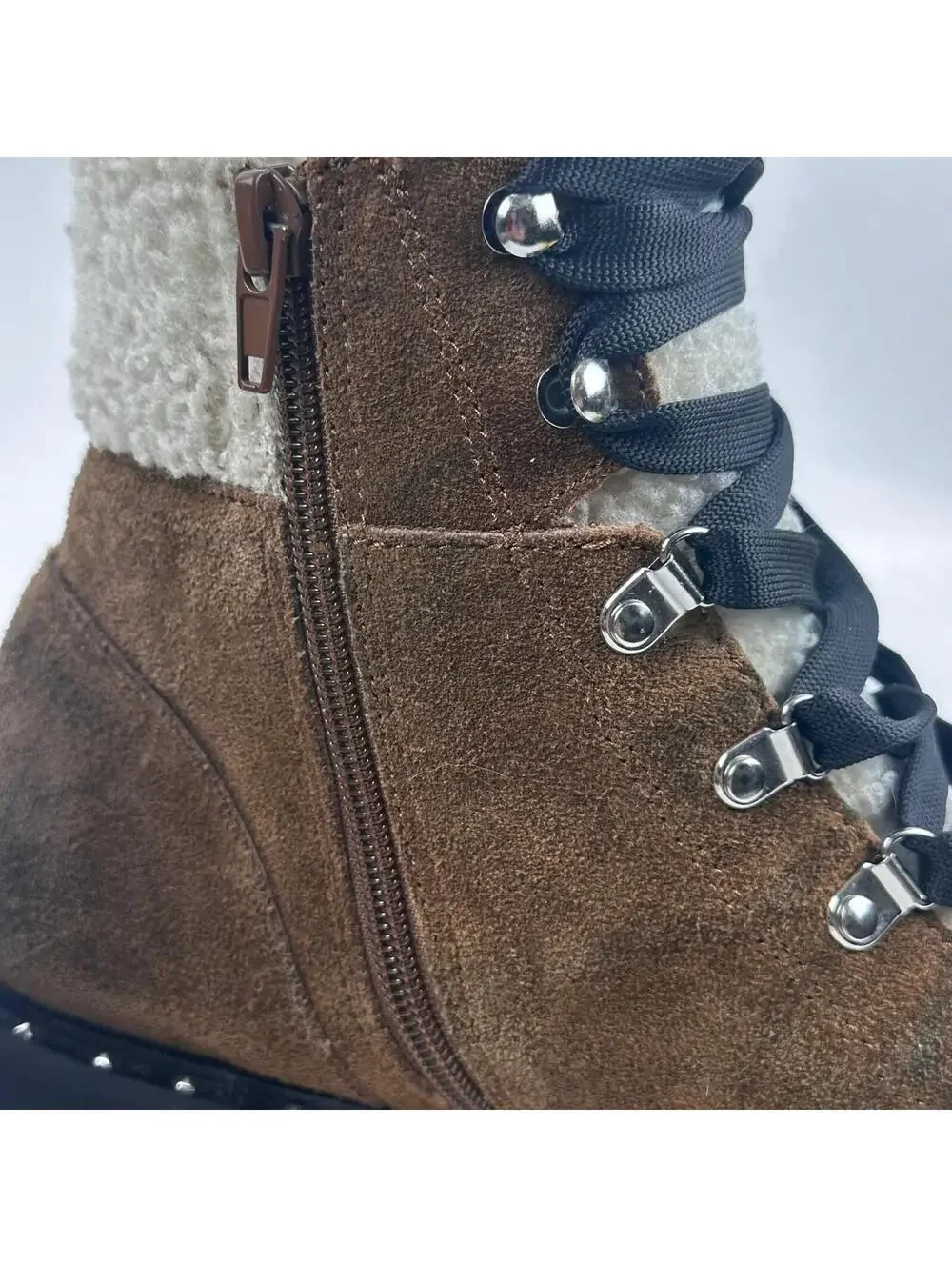 Steve Madden Receptive Hiking Boots Womens 10 BrownSuede Faux Fur Lug Sole Studs